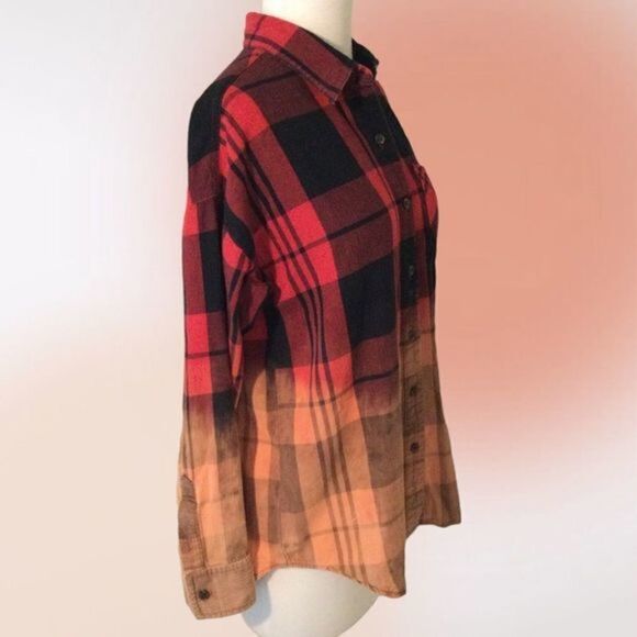 Old Navy Upcycled Bleached Red Black Orange Plaid Flannel Button Up Shirt Size S - Picture 7 of 12